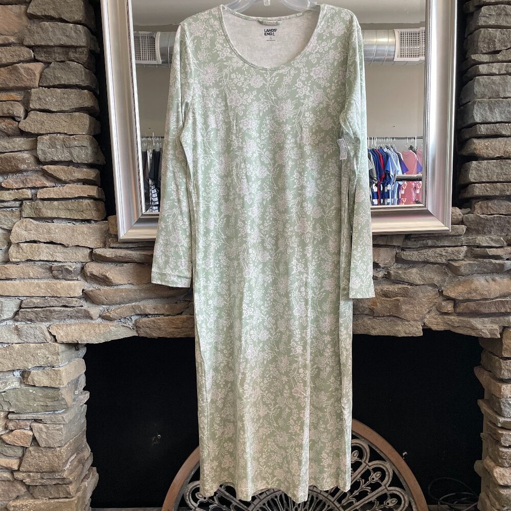 Lands' End Women's Supima Cotton Long Sleeve Midcalf Nightgown, Aqua Surf, NWT